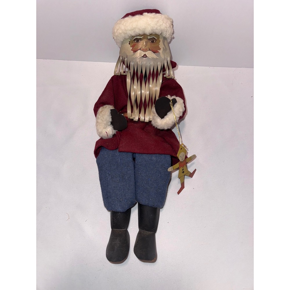 Vintage 1987 Young Folk Art Santa Claus Figure Metal Beard Jumping Jack Toy 14"